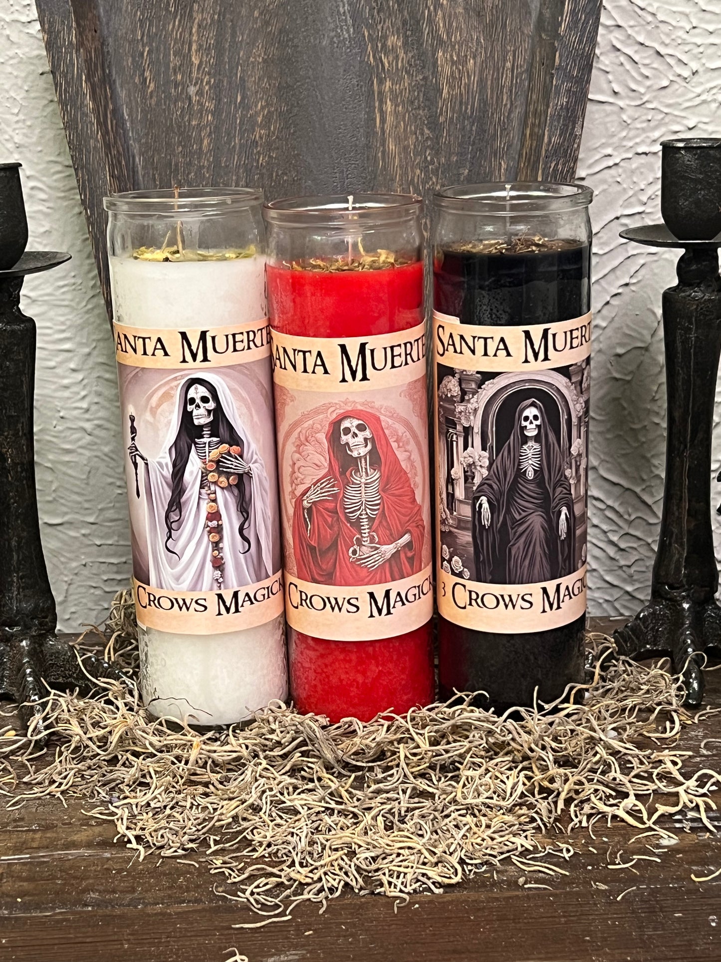 Set of Santa Muerte 7 Day Fixed Candles (Black, Red and White Robes)