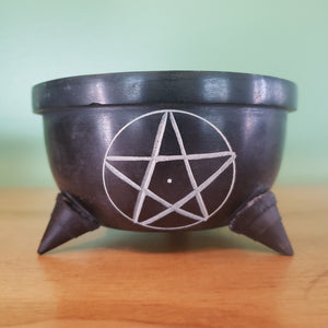 Pentacle Carved Charcoal Burner or Smudge Pot 4" D x 2.25" H